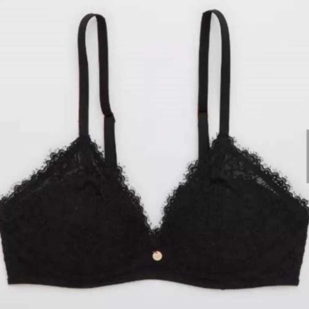 AERIE REAL POWER WIRELESS PUSH-UP BRA | EYELASH LACE | 34C TRUE BLACK Style 4977